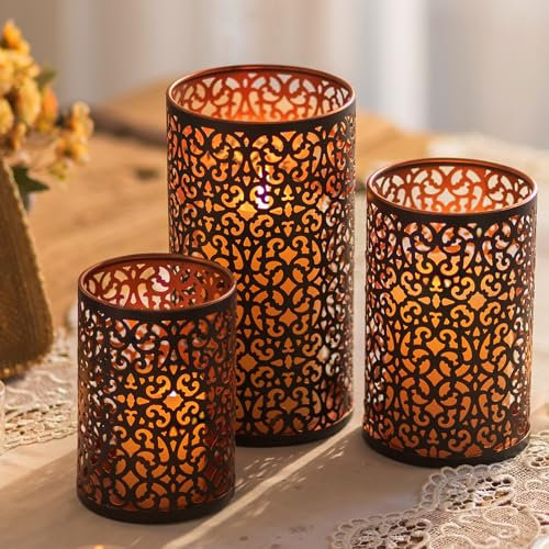 Romadedi Windlicht Metall Kerzenhalter Teelichthalter:3er Set Schwarz Gold Vintage Kerzenständer für Stumpenkerzen Kerzen Windlichter für Tischdeko Outdoor Orientalische Wohnzimmer Home Deko