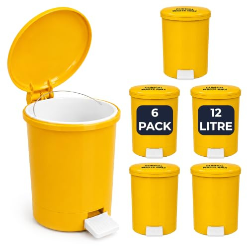 Chabrias Ltd 6 Pack 12 Litre Yellow Clinical Waste Pedal Bins with Removable Inner Buckets, Compact Hands-Free Plastic Medical Waste Bins for Clinics, School, Care Homes, Offices & Healthcare Settings