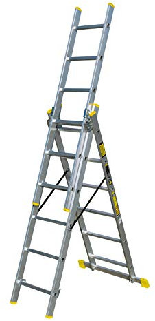 Bayersystem BS-DW 3x6 Mehrzweckleiter, 3x6 Sprossen, 3-teilige Alu-Kombileiter, bis 150 kg belastbar, max. Arbeitshöhe 4,05 m, Klappleiter, Multifunktionsleiter, Stehleiter, Silber/Gelb