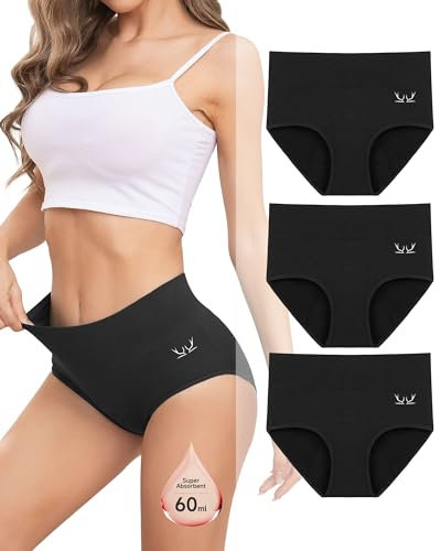 Rdiner Periodenhöschen, 60 ml, starke Saugfähigkeit, Periodenunterwäsche für Damen, auslaufsicher, extra schützend, Menstruationshöschen, hohe Taille, Wochenbett-Unterwäsche, 3 Stück, M