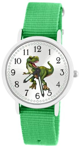 Brecjon Kinder Armbanduhr Jungen Jungenuhr Kids Dinosaurier T Rex Leuchtzeiger 5ATM Wasserdicht Textil Armband grün 5104