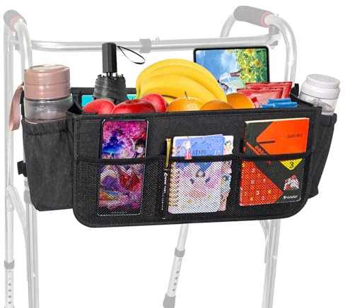 Large Walker Tote Bag with 2 Cup Holder,Walker Basket,Walking Frame Bag,Folding Walker Attachment Hands-Free Storage Basket Mobility Aid Accessory Pouch for Elderly (Black)
