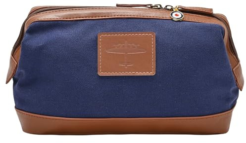 Widdop and Co. – Royal Air Force WW2 Lancaster Bomber Canvas & Faux Leather Washbag – Officially Licensed RAF Navy & Brown Toiletries Bag Merchandise. Lifestyle Accessory for Men, History & Aviation.