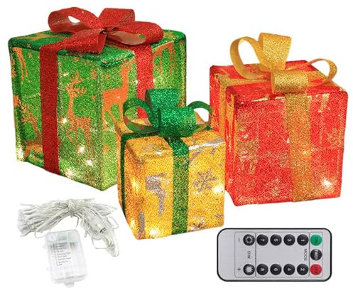 Christmas Lighted Present Boxes Decorations, Warm White LED Light Up Boxes with Bowknot Outdoor Indoor for Under Christmas Tree Yard Home Lawn Holiday Decor