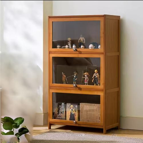Sammlung Vitrine,Acryl Sammlung Vitrine, natürlicher Bambus Rahmen,staubdicht, passend für Haus und Büro Gebrauch (3-floors-60cm, Wood Color)