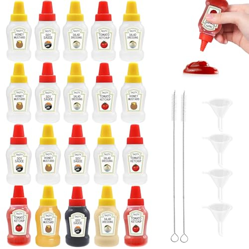 WATUNID 20 Stück 25ml Min Squeeze Flaschen mit Trichtern, Bürsten, für BBQ | 20er Set 25ml Quetschflaschen, Etiketten, 4 Trichter, 2 Bürsten, PET, wiederverwendbar, auslaufsicher, für Reisen/Picknick
