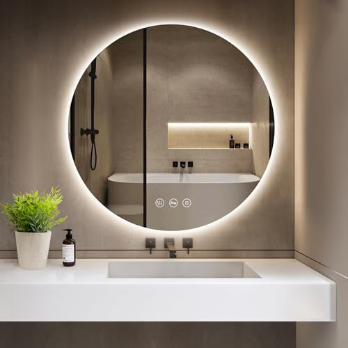 GIMBELEN Badezimmerspiegel mit Beleuchtung, Runder Badspiegel 80 cm mit 3 Lichtfarben, Dimmbar, Anti-Beschlag, Touch-Schalter, Speicherfunktion, LED Bad Spiegel mit Licht, Energiesparend