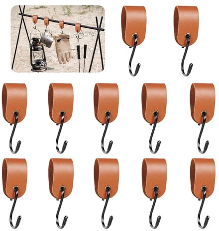 QuirkLz S Haken mit Lederschlaufe, 12 Stück, Braun Kleiderhaken, Garderobenhaken mit Lederschlaufe, Multifunktionale Metallhaken für Garderobe, Küche, Bad – zum Aufhängen von Kleidung und Accessoires