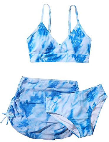 LDZYXY Costume Neonato Ragazza 3 Pezzi Bikini Stampa Tropicale Costume da Bagno con Cover Up Pantaloncini Mare Piscina Costume Piscina Ragazza Costume Bambina Due Pezzi (11-12 Anni, Blu)