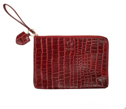 GERMANUS Clutch und Schlüsselanhänger Set Ella, Wristlet, Handgelenktasche, Leder, Rindlsleder mit Prägung, Croco Rot