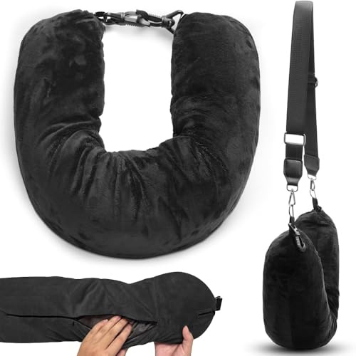 Stuffable Neck Pillow for Travel Travel Neck Pillows With Adjustable Straps | Travels Pillow Stuffable with Clothes Flight Soft Portable Necks Pillows for Extra Luggage Travels Essentials(Black)