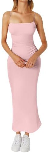 SUPTTING Robe longue à bretelles pour femme avec col carré, élégante robe moulante, robe de soirée, de cocktail, robe d'été, robe de plage, robe de fête, robe moulante et extensible, Style-e11 Rose