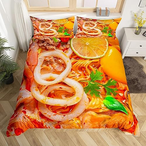 Loussiesd Meeresfrüchte Hot Pot Bettbezug Set Mediterrane Nahrung Bettwäsche Set 135x200cm für Kinder Kleinkind Thai Food Style Bettbezug Tom Yum Kung Betten Set Dekor Atmungsaktive Bettwäsche