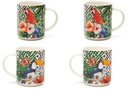 Excelsa Tropical Chic Set 4 Tazze Mug in New Bone China, Motivo Pappagalli e Fiori Tropicali
