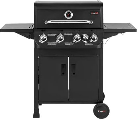 CosmoGrill NEW Emberr 5 Gas Burner 4+1 Barbecue Grill, Porcelain Warming Rack, Propane Gas Regulator Hose, Side-Burner, Storage, Wheels Built-in Temperature Gauge for Home Garden Party Outdoor Cooking