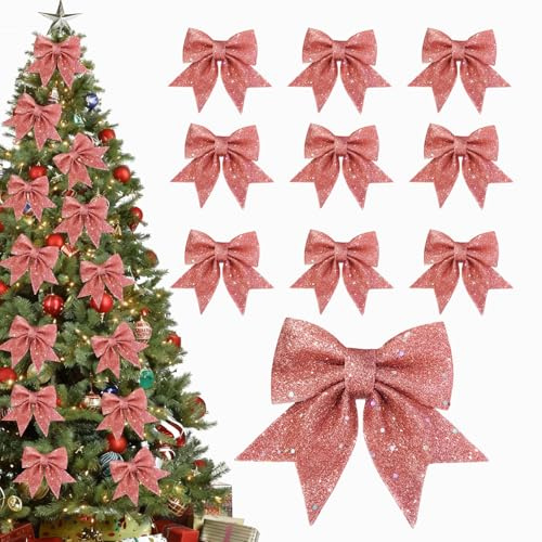 10 Stück Weihnachtsschleifen Rosa,Glitzer Schleifen Weihnachtsbaum | Bogen Schleife, Weihnachtsbaumschmuck Schleifen für Weihnachten Party, Weihnachtskranz, Weihnachtsbaum, 15x12cm