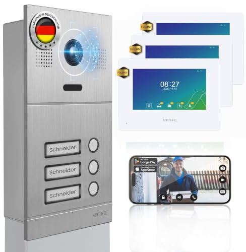 Mathfel 2-Draht IP Video-Türsprechanlage mit Türöffner – Full-HD Kamera, 7 Monitor & App-Steuerung – Smarte Video-Türklingel mit Gegensprechanlage (Silber, 3 Klingeltaster)