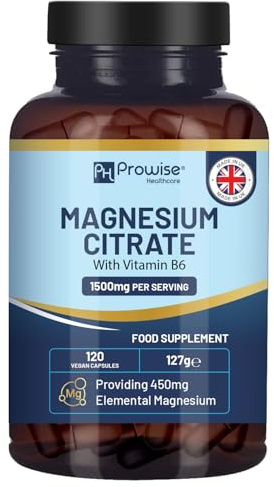 Magnesiumcitrat-Kapseln 1500 mg mit Vitamin B6 | 120 vegane Kapseln | 450 mg elementares Magnesium | Hochwirksames Magnesiumpräparat für Frauen und Männer | Kapseln, keine Tabletten von Prowise