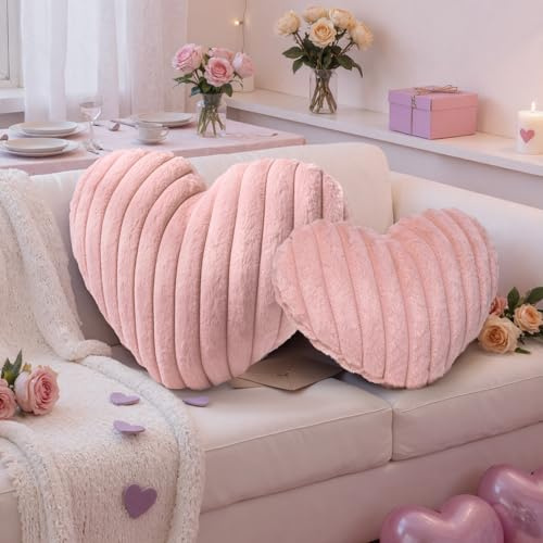 Lanpn Lot de 2 Pièces Coussin en Forme de cœur, Rose Coussin décoratif en Forme de cœur Coussins Décoration Canapé pour Saint Valentin Salon Chambre à Coucher Décorations (Rose, 42x31cm et 36x27cm)