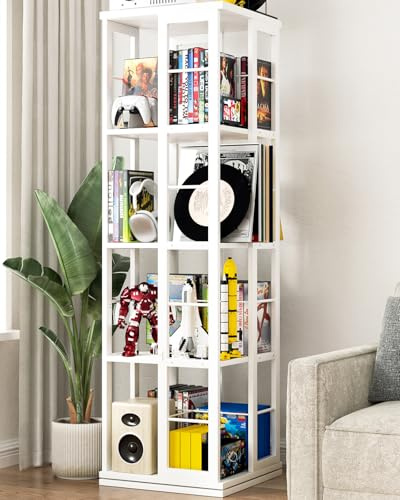 iSunirm Drehbarer Bücherregal, Eckregal, 360° drehbares Bücherregal aus Holz, Standregal, schmales Regal, drehbarer Organizer, Aufbewahrungsregal für kleine Räume, Schlafzimmer, Arbeitszimmer, weiß