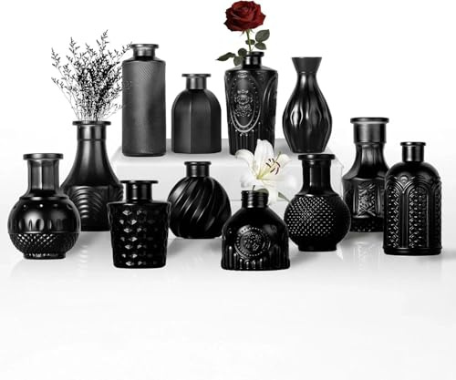 Ensemble de vases à boutons en verre Sawaoke, noir mat, 12 pièces, style vintage avec motif structuré, pour fleurs et décoration de la maison (noir mat, 12 pièces)