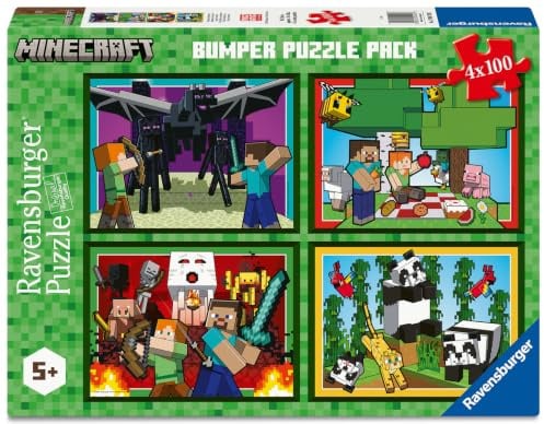 Ravensburger - Minecraft 4 x 100 Teile | Puzzle Kinder 5 Jahre | 100 Teile Puzzle 36 x 26 | Puzzles Ravensburger | Geschenk für Kinder 5 Jahre | Geschenkideen