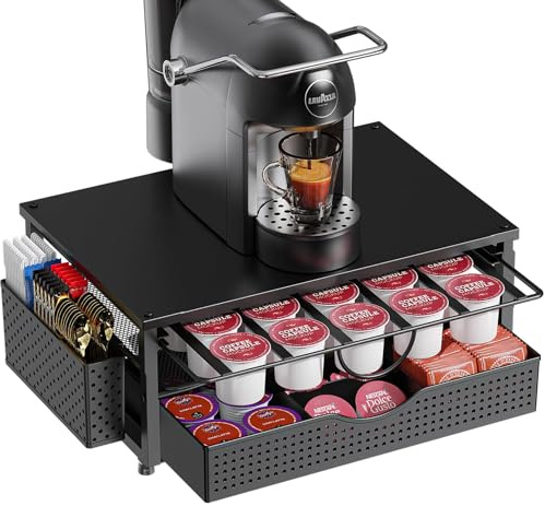 Kaffee Kapselhalter, 2-Tier K Cup Halter mit 2-stufiger Schublade und 1 Hängekorb für 51 große oder 73 kleine Kapseln, K Cup Kaffeestation, Organizer, Zubehör für Theke, Büro, Küche (Schwarz)