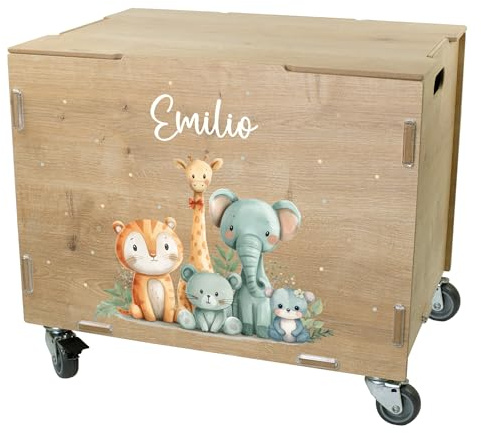 Striefchen® clipfritz Rollbox personalisiert mit Name – Personalisierbare Aufbewahrungsbox mit Rollen & Deckel – Spielzeugkiste aus Holz als Geschenk für Kinder (Safari)