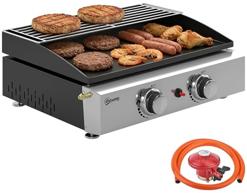 Outsunny 2-Brenner-Grillplatte, tragbare Gas-Plancha mit Warmhaltegestell, 5 kW, Tischgasgrill mit Fettauffangschale für Camping, Picknick und Terrasse, schwarz