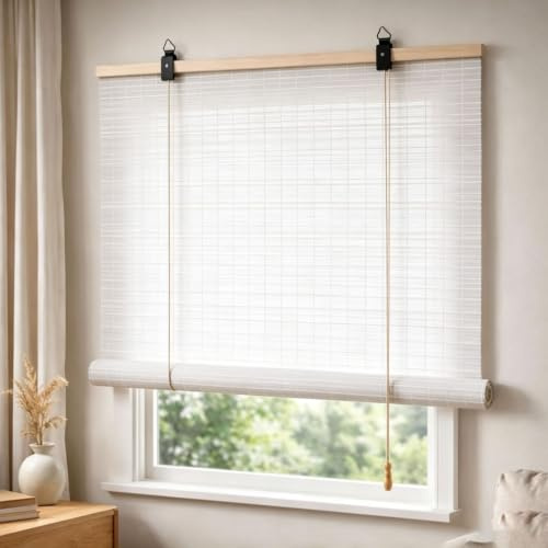 80x90cm Sonnenschutz Bambusrollo in Natur Weiß,Bambus Rollo Raffrollo | Sonnenschutz/Lichtfilterung/Anti-UV,Seitenzug Sichtschutz Jalousie,für Innen- und außenbereich Terrasse/Garten/Fenster