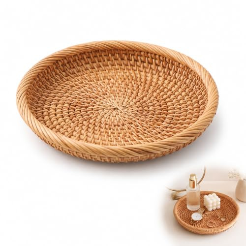 Small Round Rattan Storage Tray 18 cm - Hand Woven Wicker Tray for Coffee Table Vanity Bedside, Natural Boho Organiser for Keys Wallet Phone Cosmetics Snacks, Lightweight, 18 x 3 cm (Gold Rim Small)