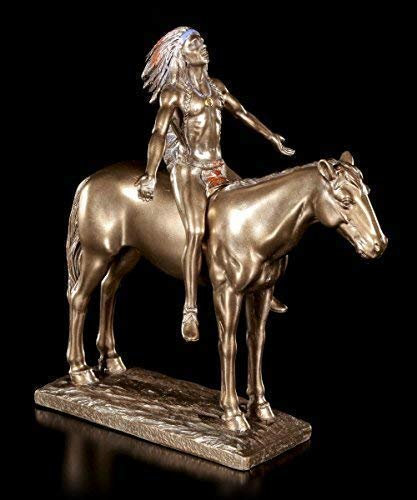 Indianer Figur auf Pferd - Appeal to The Great Spirit | Häuptling Medizinmann Statue Bronze-Optik Schamane