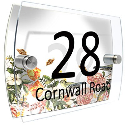 CS Printing House Number Sign Plaque Garden Glass Effect Acrylic Sign Door Plate Marble Wall Display 2 Part Branded Acrylic (Spring water color birds)