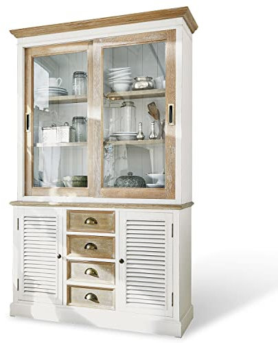 Loberon Schrank Moosehide, Klassischer Landhaus-Stil, von Hand Gefertigt & Veredelt, Antik-Finish, Edler Farbkontrast, Buffetschrank, Paulowniaholz, Glas, antikweiß/braun