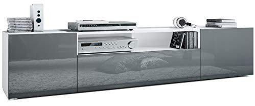 Vladon Lowboard Mogan, TV-Kommode mit 2 Türen, 1 Klappe und 1 offenes Fach, Weiß matt/Grau Hochglanz (181 x 39 x 35 cm)