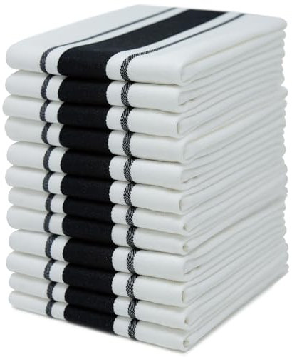 100% Cotton Tea Towel - Black Striped Pattern, Pack of 12 | Kitchen Towel Set | Absorbent, Strong, Quick Dry & Machine Washable | for Home Decor & Bathroom Accessories