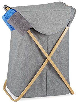 Relaxdays Wäschekorb, klappbarer Wäschesammler mit Deckel, 58 L, tragbar, Bambus & Stoff, 62,5 x 43 x 42 cm, grau/natur