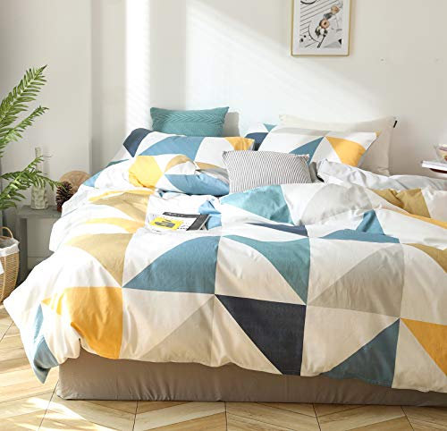GETIYA Dreieck Bettwäsche 200x200 Geometrische Bettwäsche Modern 100% Weiche Baumwolle Bettbezug Blau Gelb Karo Muster Deckenbezug Wende Bettwäsche Diamant Muster mit 2 Kissenbezug 80x80