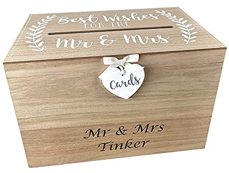 Hoolaroo Personalised Wedding Card Box Mr & Mrs Wedding Post Box Memory Box Engraved Wooden Wedding Cards Boxes Postbox Reception Keepsake With Slot Laurel