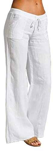 ORANDESIGNE Donna Pantaloni Cotone Lino a Vita Bassa con Coulisse Casual Larghi Colore Solido 9/10 Lunghezza A Bianca S
