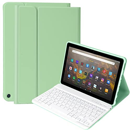 Tastaturhülle für Kindle Fire HD 10 und Fire HD 10 Plus Tablet (11. Generation, Version 2021) Schlanke, leichte Schutzhülle aus PU-Leder mit Abnehmbarer Bluetooth-Tastatur(Grün)