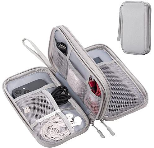 Arae Organizador de Accesorios Electrónicos - Bolsa de Viaje para Cables con Doble Capa, para Tarjetas, Cargadores, Móviles y Auriculares - Gris Claro