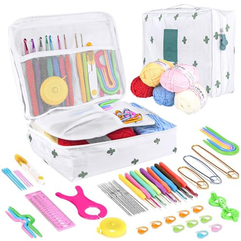 Qianyou Häkelnadel Set, Strickset für Anfänger, Kreuzstich-Sets für Erwachsene, mit 21 Häkelnadeln von 0,6 mm bis 6 mm, Wolle, Schere, tragbare Tasche, Sticksets für Erwachsene