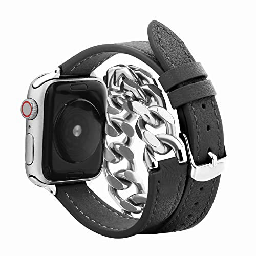 Wingoden Genuine Leather Band Compatible with Apple Watch Band Bracelet 44mm 45mm 49mm 42mm Women Men, Double Tour Wrap Apple Watch Strap Chain iWatch Band Series 9 8 7 6 5 4 3 2 1 SE Ultra 2, Black