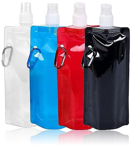MIVAIUN 4 Pièces Sachets de Boisson Pliables pour Bouteille de Sport, Bouteille d'eau Pliable 480 ml, Poche à Eau, Bouteille d'eau Potable Réutilisable Avec Clip pour Boissons (Bleu,Noir,Blanc,Rouge)