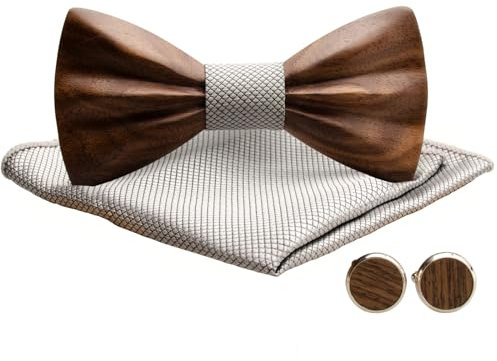 MERIT OCEAN Holzfliege, 3d Holz Fliege Schwarze Walnuss Herren Massivholz Manschettenknöpfe Einstecktuch Set Bräutigam Trauzeuge Hochzeitsgeschenk mit Box für Männer Silber