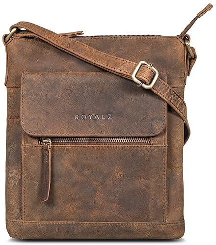 ROYALZ 'Florence' Moderne flache Lederhandtasche Damen Echtleder klein Umhängetasche flach elegante Vintage Handtasche Schultertasche, Farbe:Nevada braun