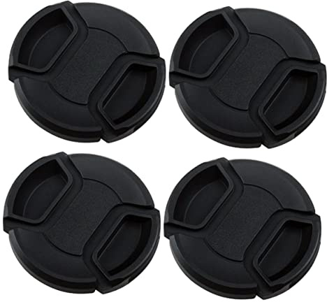 4 Stück Schwarze Objektivabdeckungen 55mm aus Kunststoff, ohne Schrift | Spritzwassergeschützt, mit Ringhaken zum Schnellen Montieren und Lösen, für Kameraobjektive