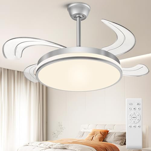 Ceiling Fans with Lights and Remote,19 Ceiling Fan with Retractable Blades,6 Speeds Reversible DC Motor Quiet Ceiling Fans with Lamps,3000K/4000K/6500K Dimmable Ceiling Light with Fan for Bedroom