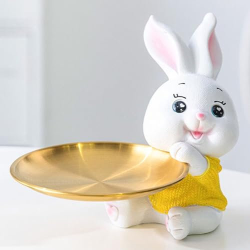Starnearby Plateau Clé Entrée Statue Lapin Vide Poche, Bol Clé Entrée Sculpture en Résine, Statue avec Plateau, Plateau Rangement Clef, Bijoux, Plateau Porte Clé et Accessoires, Décoration